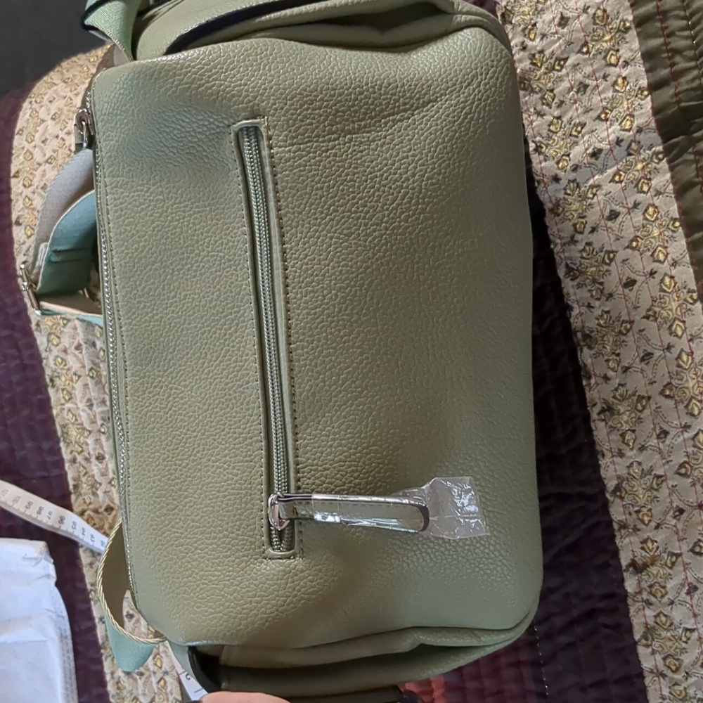 PINK STIX* sage green vegan crossbody adj. strap, dust bag zip top, 2 inside pkt - Picture 9 of 13